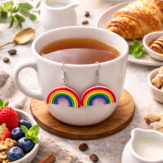 Colorful summer rainbow resin hook dangle earrings displayed on a white coffee mug in a cozy breakfast flat lay setting.
