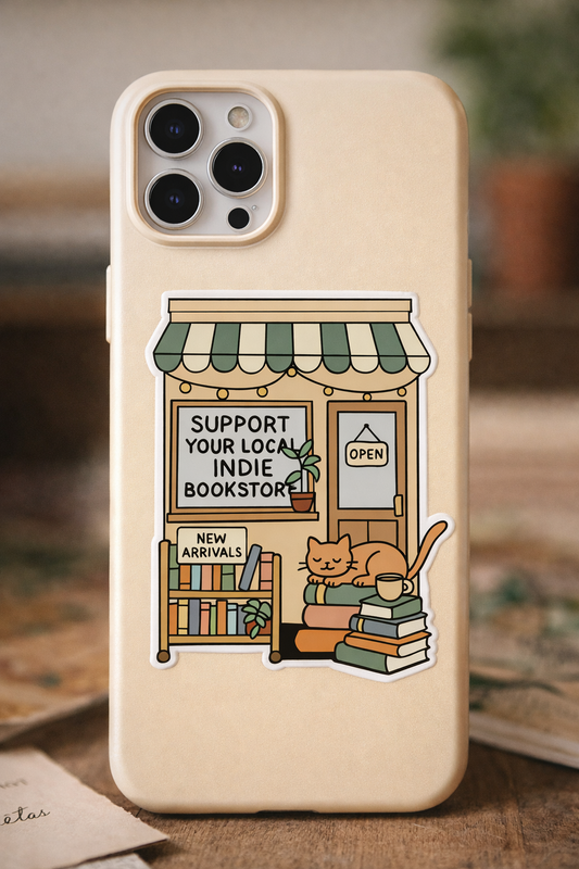 Support your local indie bookstore sticker with cozy bookstore illustration, books, and sleeping cat on phone case