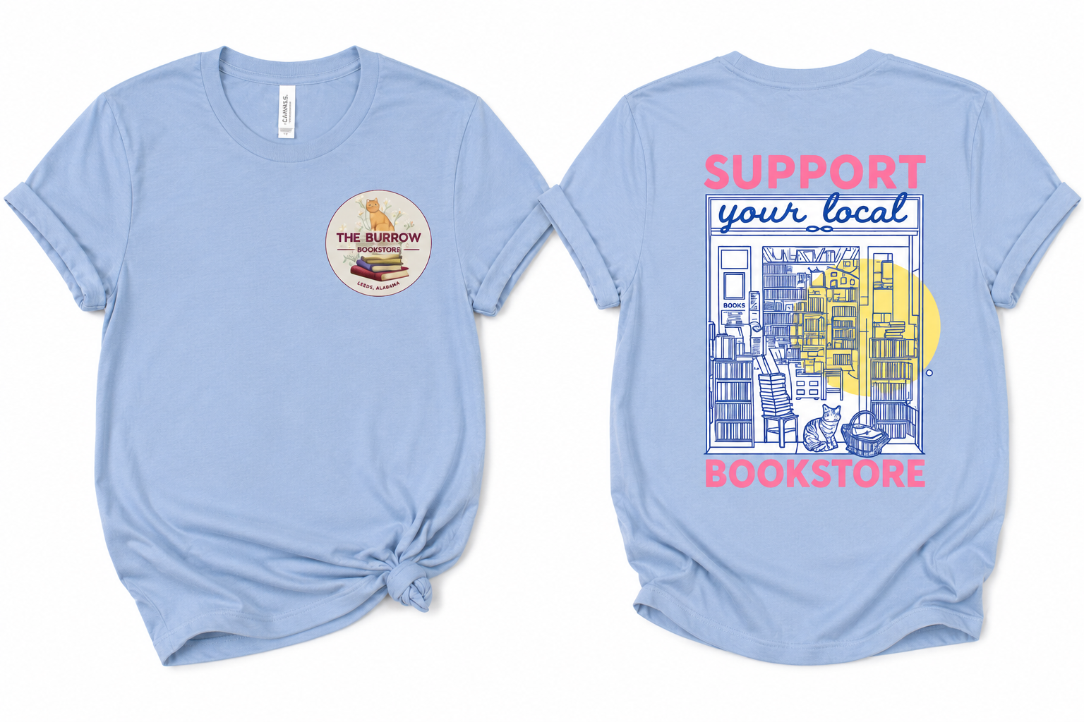 Support Your Local Bookstore graphic T-shirt with The Burrow Bookstore logo on the front and bookstore illustration on the back.