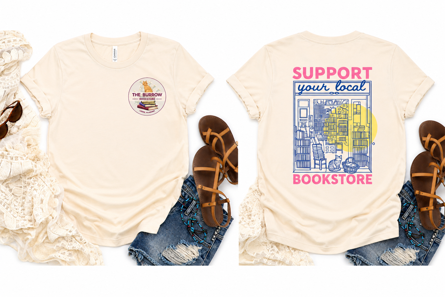 Natural color bookstore graphic T-shirt with front logo and large bookstore illustration on the back.