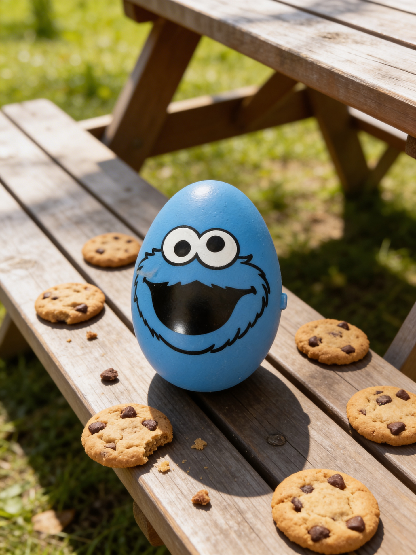 Blue egg with a face on a wooden picnic table with cookies