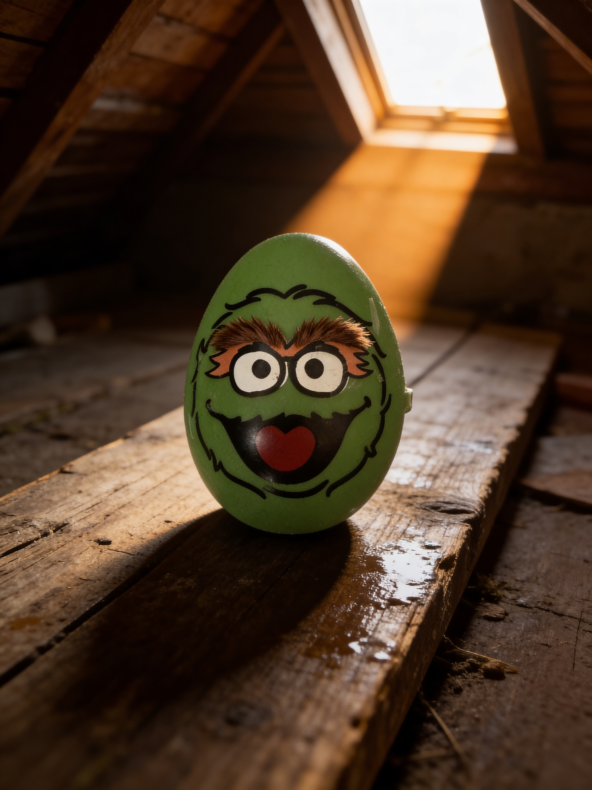 Green egg-shaped toy with a face on a wooden surface in a dimly lit room.