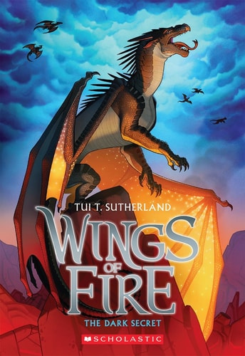 Cover of The Dark Secret by Tui T. Sutherland, featuring a NightWing dragon perched on a rocky outcrop under a stormy sky.