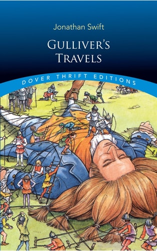 Book cover of 'Gulliver's Travels' by Jonathan Swift with a blue background and illustration of a giant and small people.