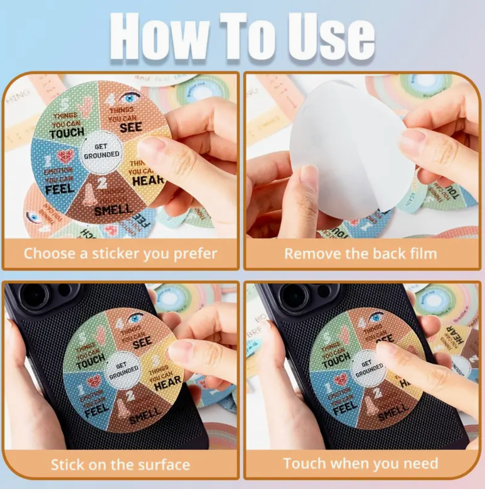 Set of tactile anxiety sensory stickers designed for desks, phones, and notebooks to help with stress and focus.