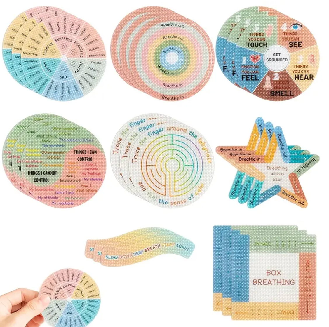 Set of tactile anxiety sensory stickers designed for desks, phones, and notebooks to help with stress and focus.