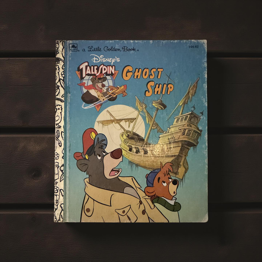 Front cover of TaleSpin Ghost Ship Little Golden Book by Justine Korman featuring Baloo, Kit, and an eerie ship in the sky