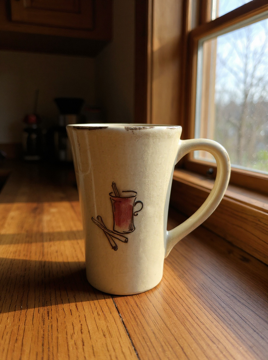 Tall cream ceramic mug with a cinnamon-stick illustration on a wooden table by a kitchen window in warm natural light.
