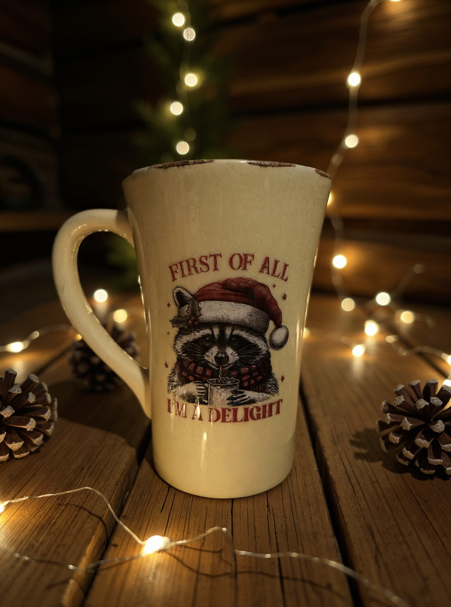 Cream ceramic mug with a festive raccoon graphic and the phrase First of All I’m a Delight, surrounded by Christmas lights and pinecones.