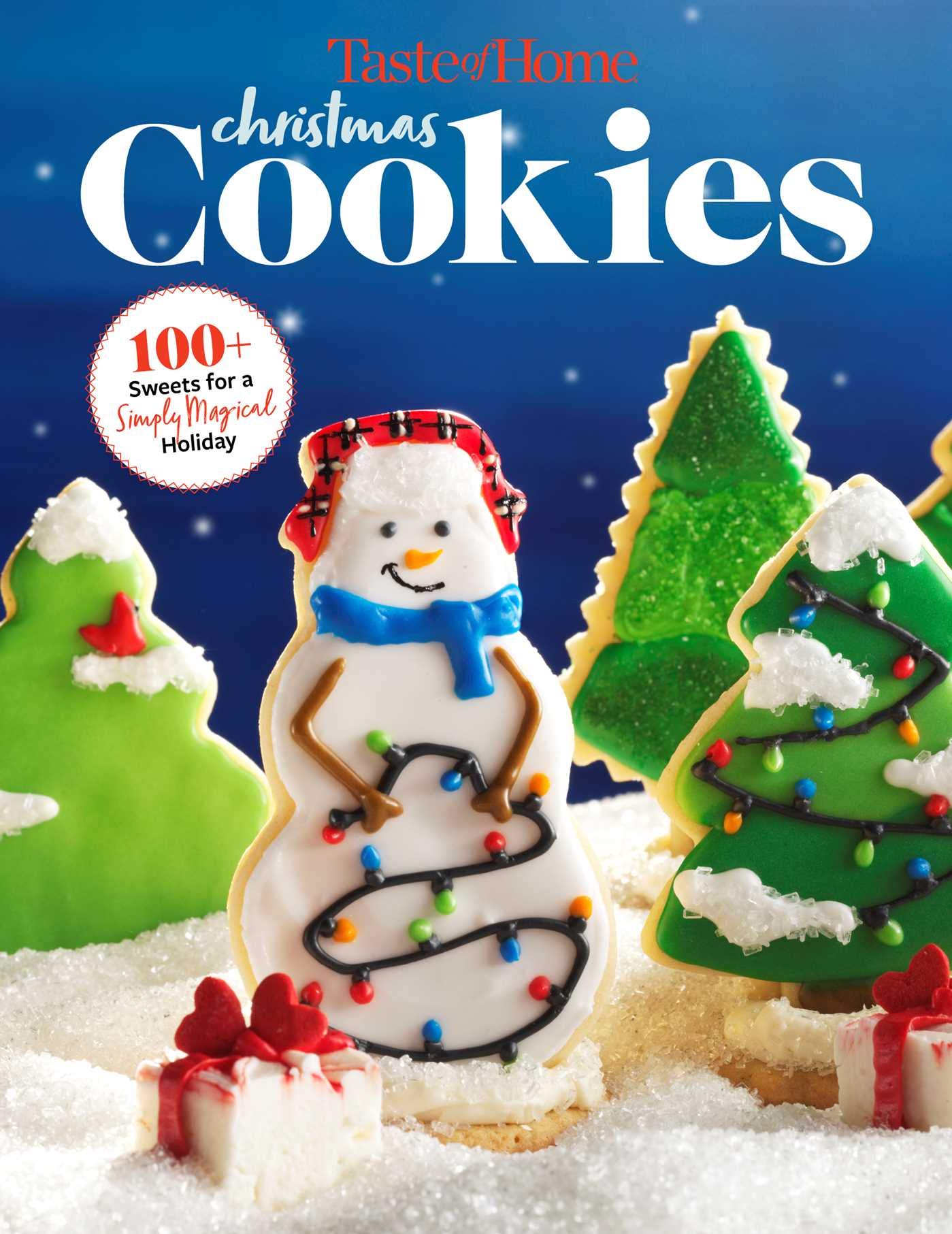 Book cover of 'Taste of Home Christmas Cookies' with decorated cookies on a snowy background.