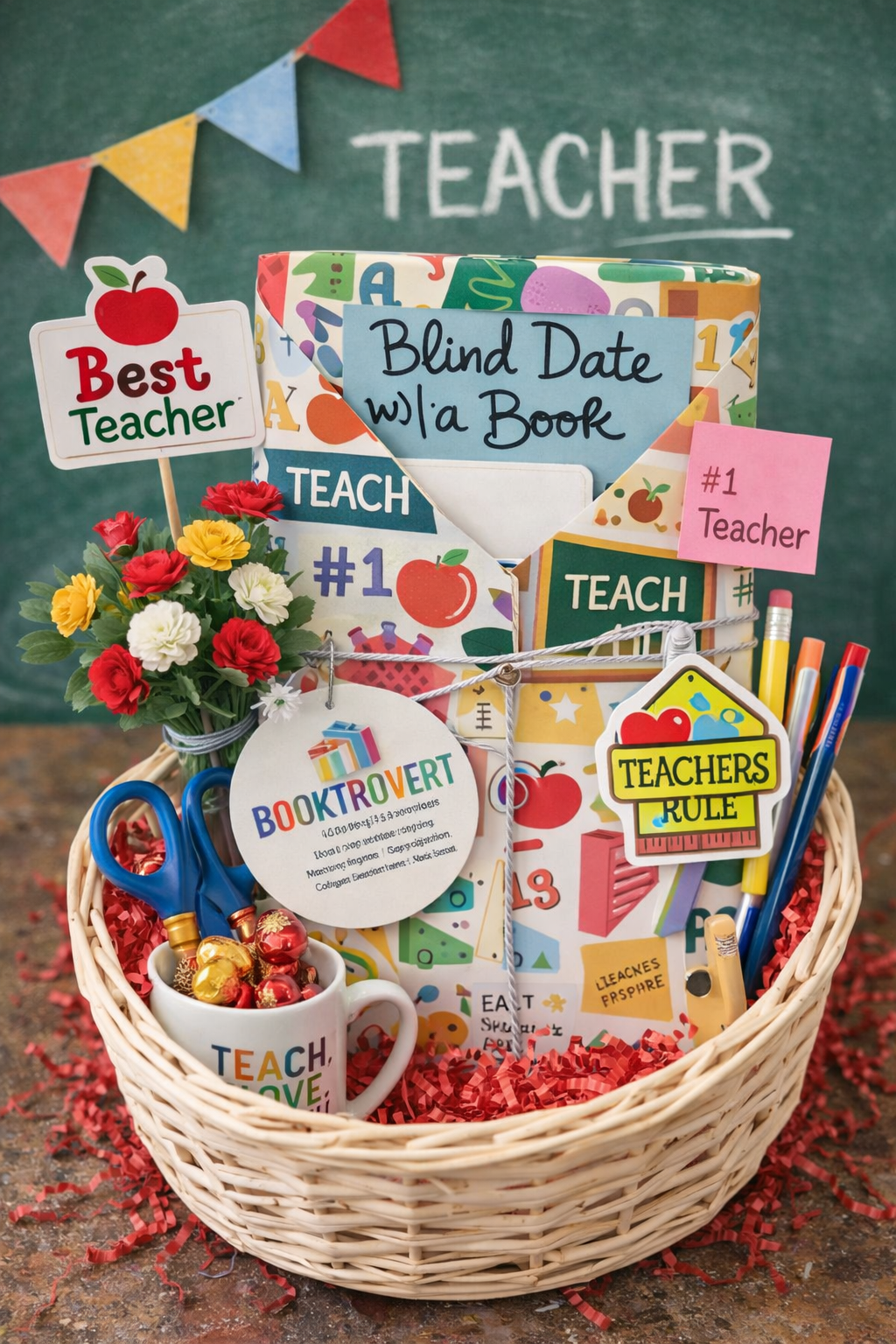Teacher gift basket with books, flowers, and stationery items in front of a chalkboard.