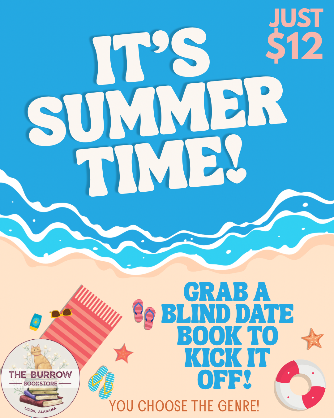 Colorful summer themed graphic promoting teacher blind date with a book featuring beach design and text about discounted book bundles delivered to school