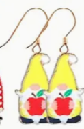 Pair of teacher gnome earrings holding a red apple, cute colorful earrings perfect for educators and classroom wear