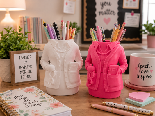 Pink and white teacher-shaped pen and pencil holders displayed on a cozy classroom desk filled with colorful pens and pencils surrounded by teacher decor