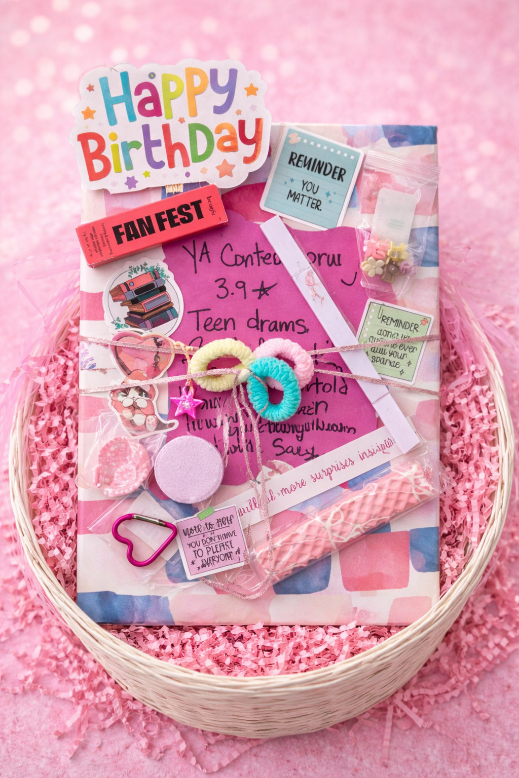Gift basket with birthday card, stationery items, and decorative elements on a pink background