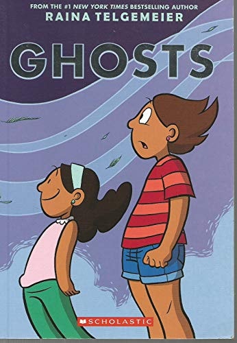 Book cover of 'Ghosts' by Raina Telgemeier featuring two characters against a purple background.
