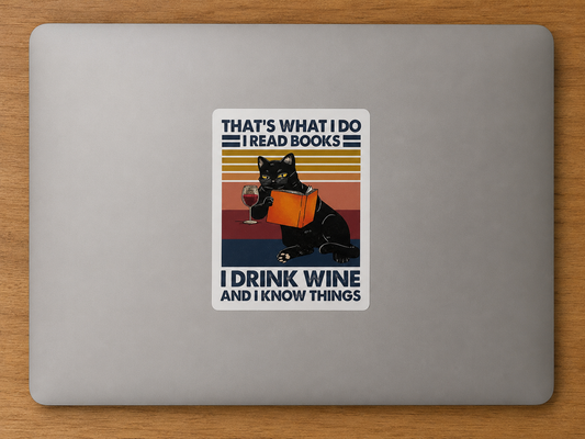 Vintage-style sticker featuring a black cat reading a book with a glass of wine and the phrase "That's What I Do I Read Books I Drink Wine and I Know Things."