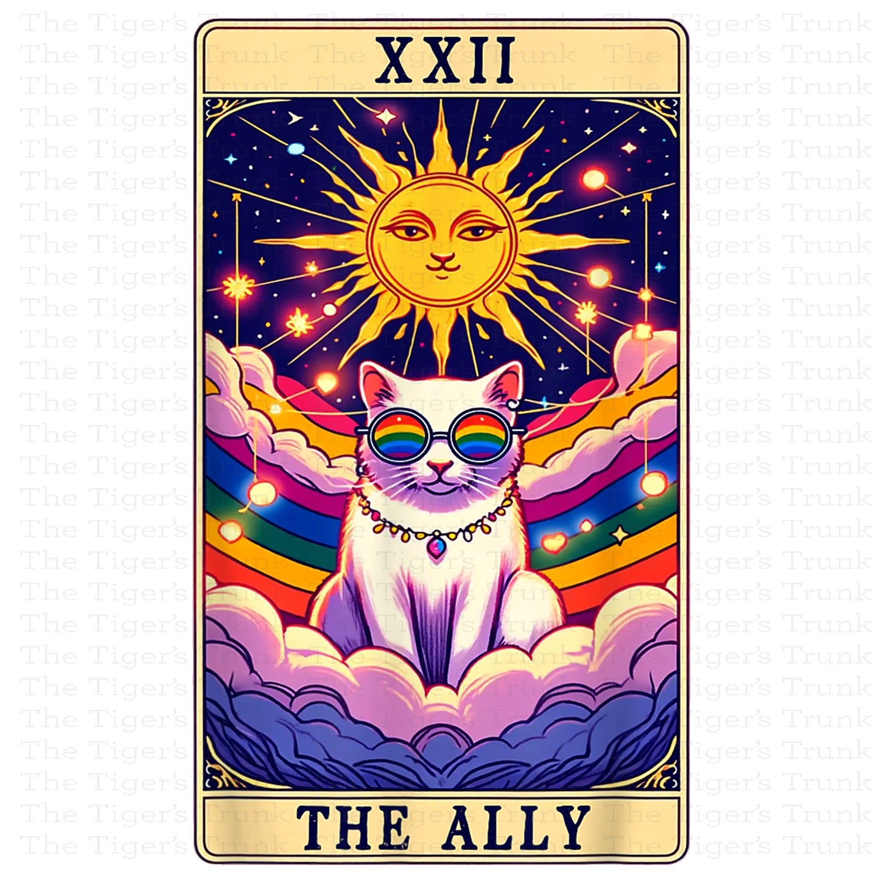 Individual Ally Cats card featuring a rainbow-colored cat with a tarot-style Pride design