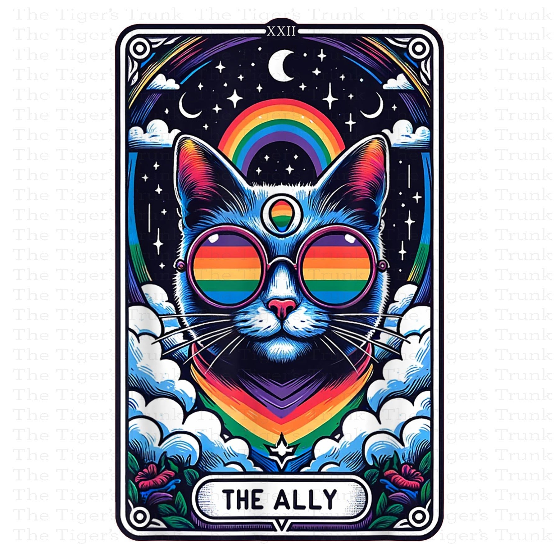 Individual Ally Cats card featuring a rainbow-colored cat with a tarot-style Pride design