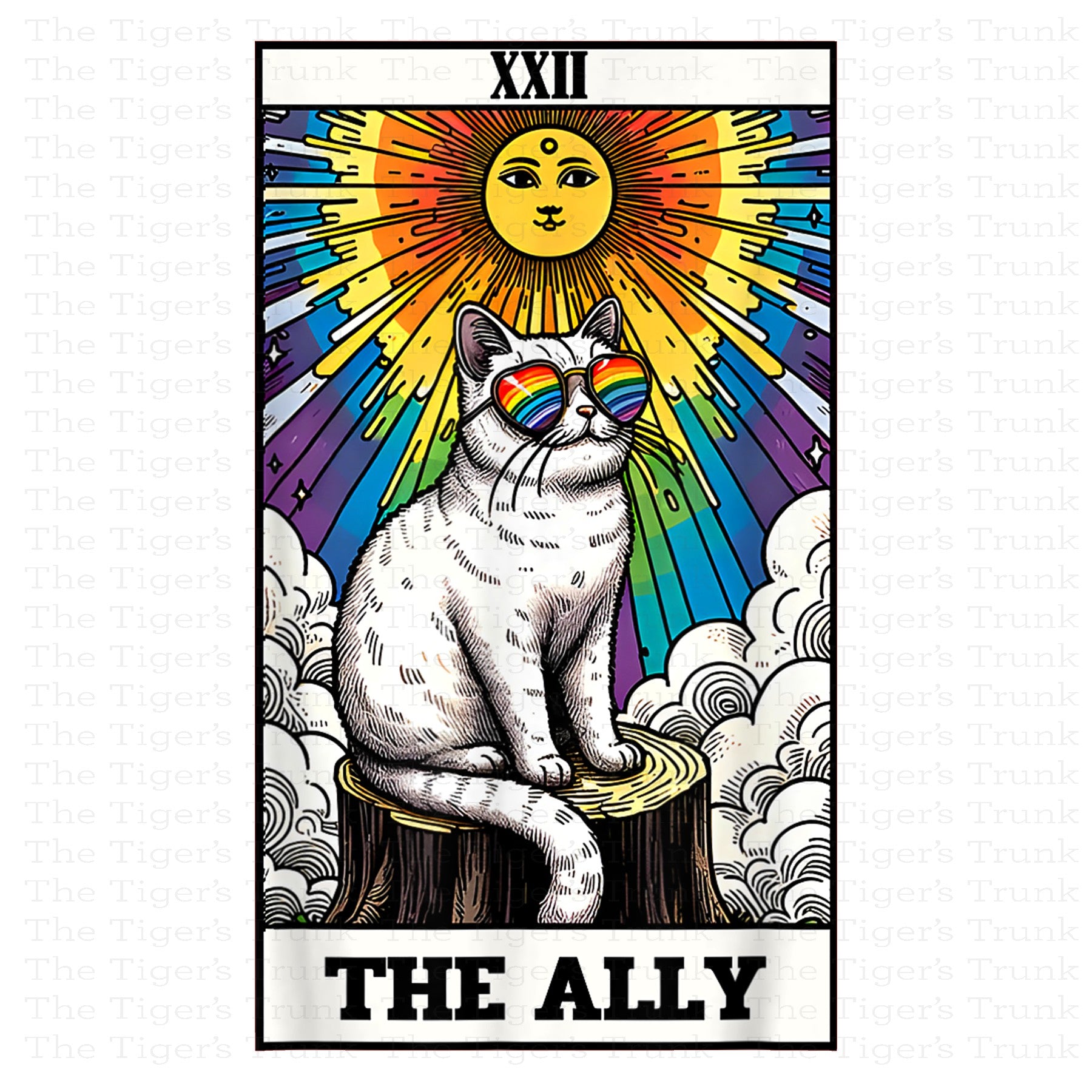 Individual Ally Cats card featuring a rainbow-colored cat with a tarot-style Pride design