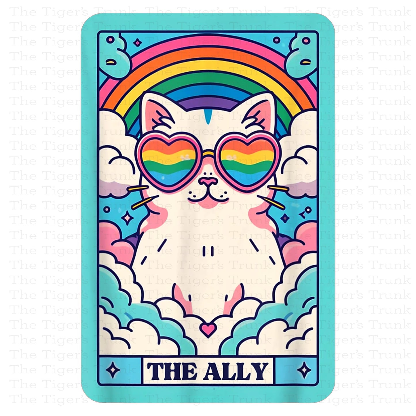 Individual Ally Cats card featuring a rainbow-colored cat with a tarot-style Pride design