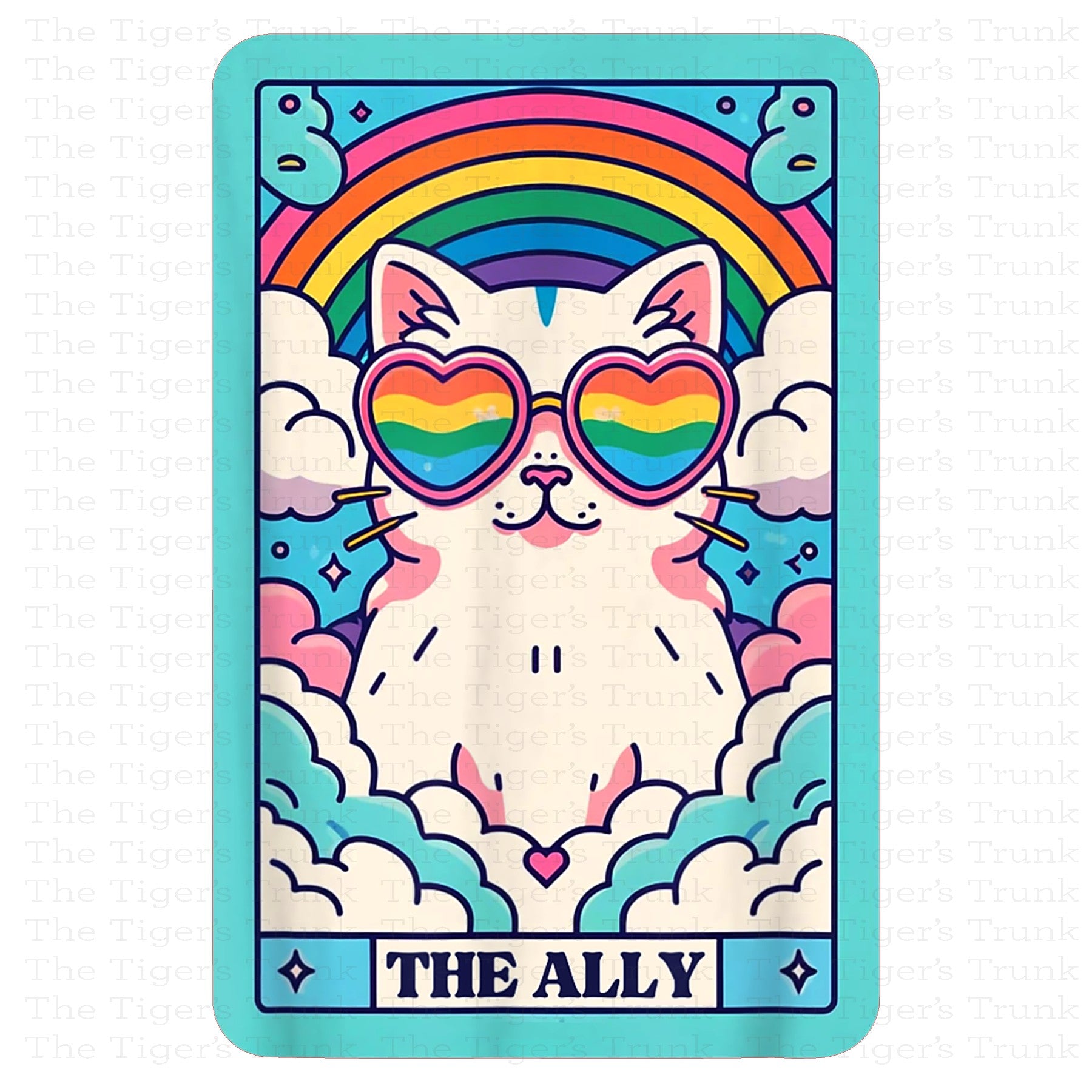 Individual Ally Cats card featuring a rainbow-colored cat with a tarot-style Pride design