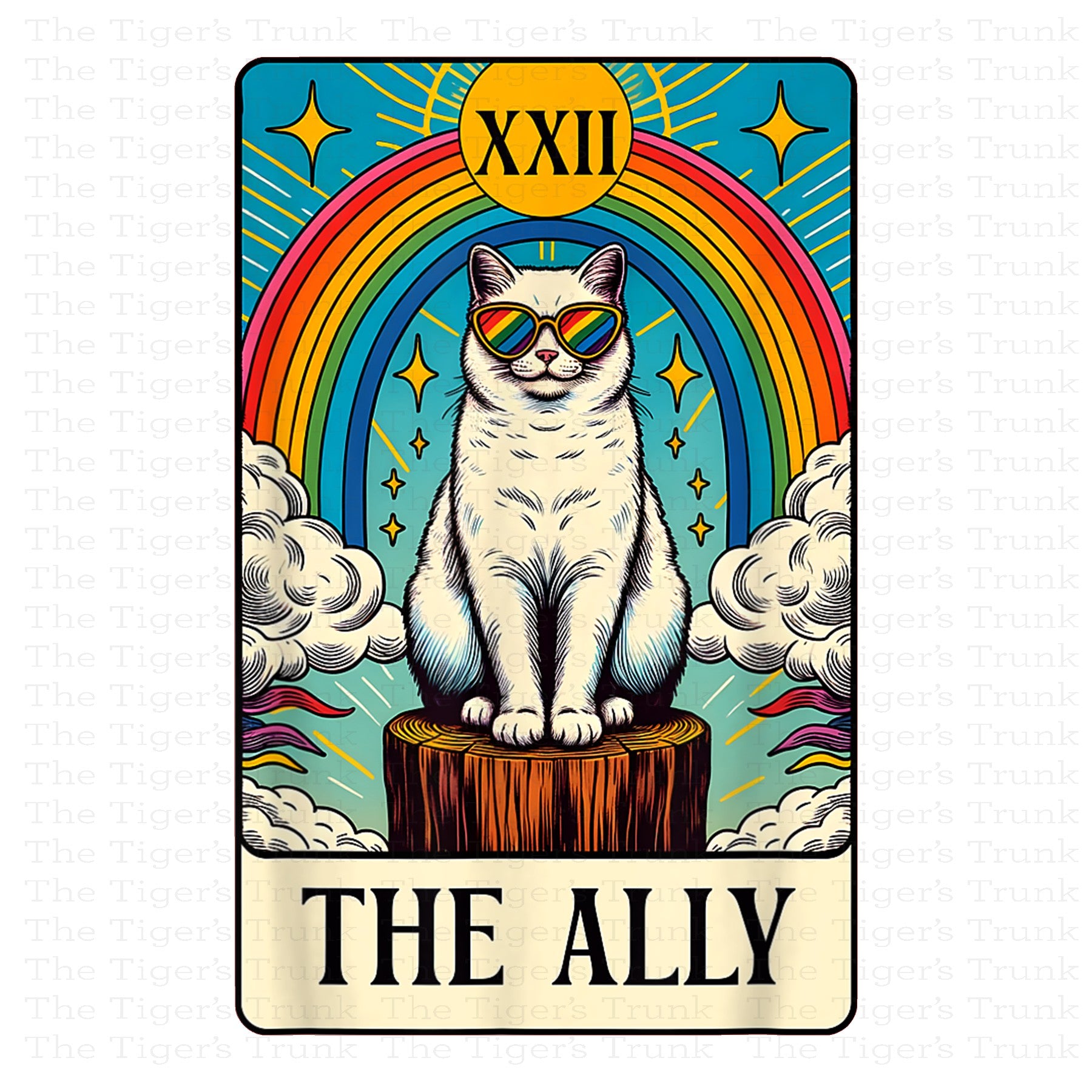 Individual Ally Cats card featuring a rainbow-colored cat with a tarot-style Pride design