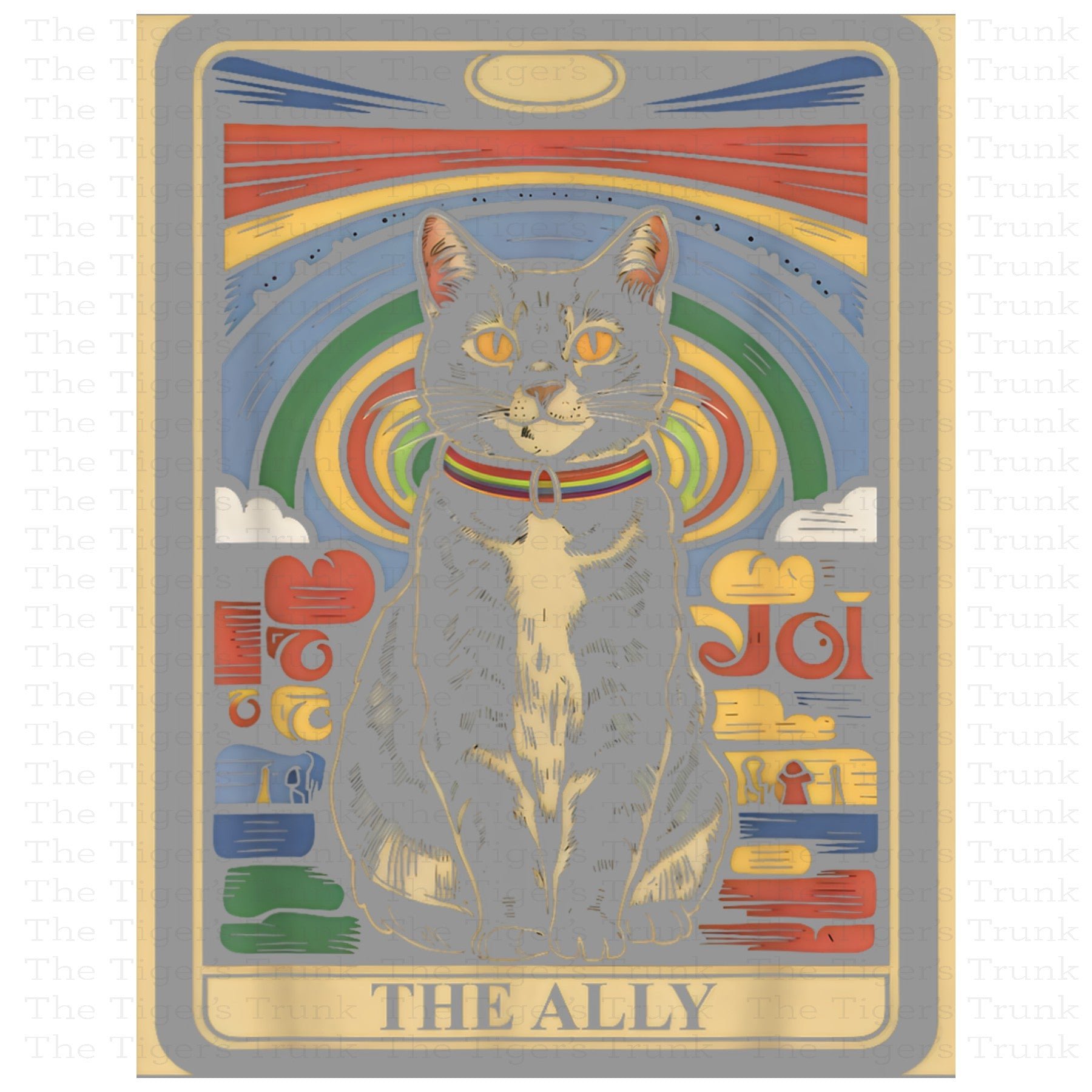 Individual Ally Cats card featuring a rainbow-colored cat with a tarot-style Pride design