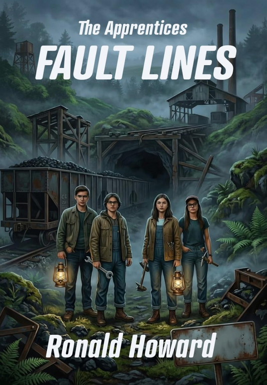 Cover of The Apprentices: Fault Lines by Ronald Howard featuring four young people exploring an abandoned mining site