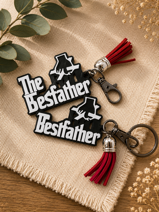 Set of The Bestfather 3D printed keychains with red tassels displayed on neutral textured fabric