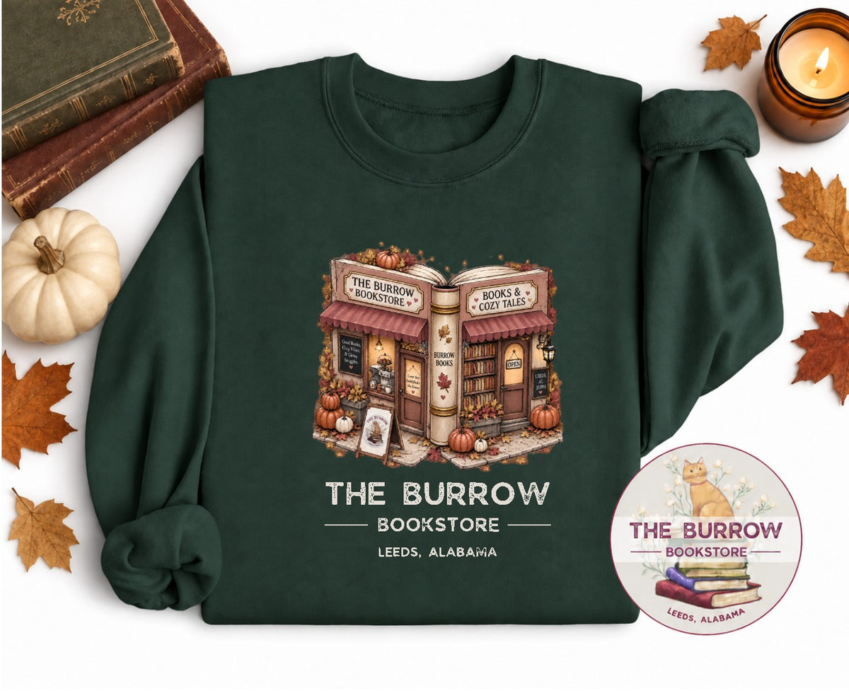 Deep forest The Burrow Bookstore fall sweatshirt with cozy autumn bookstore and pumpkin design