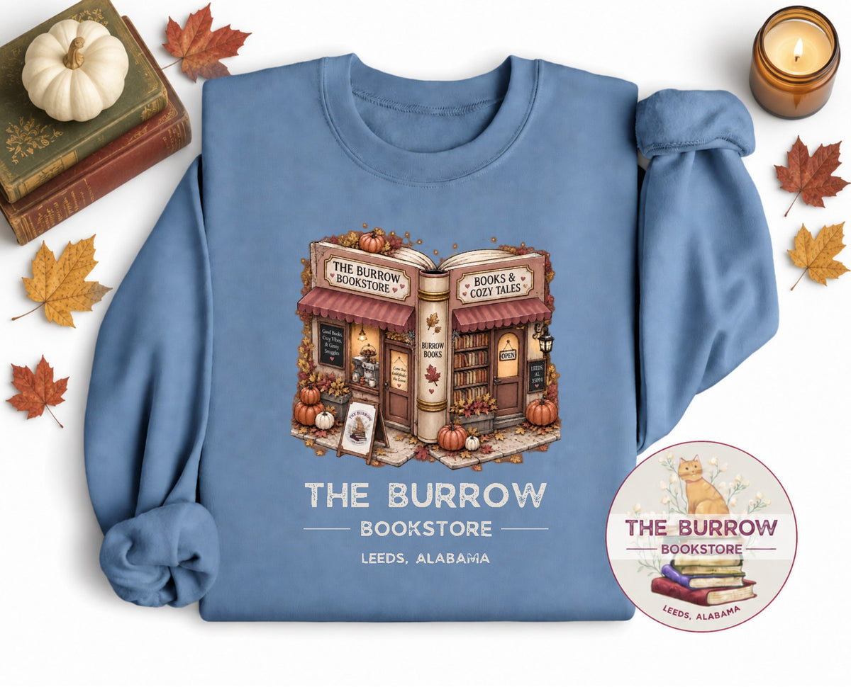Denim blue The Burrow Bookstore fall sweatshirt with cozy autumn bookstore and pumpkin design