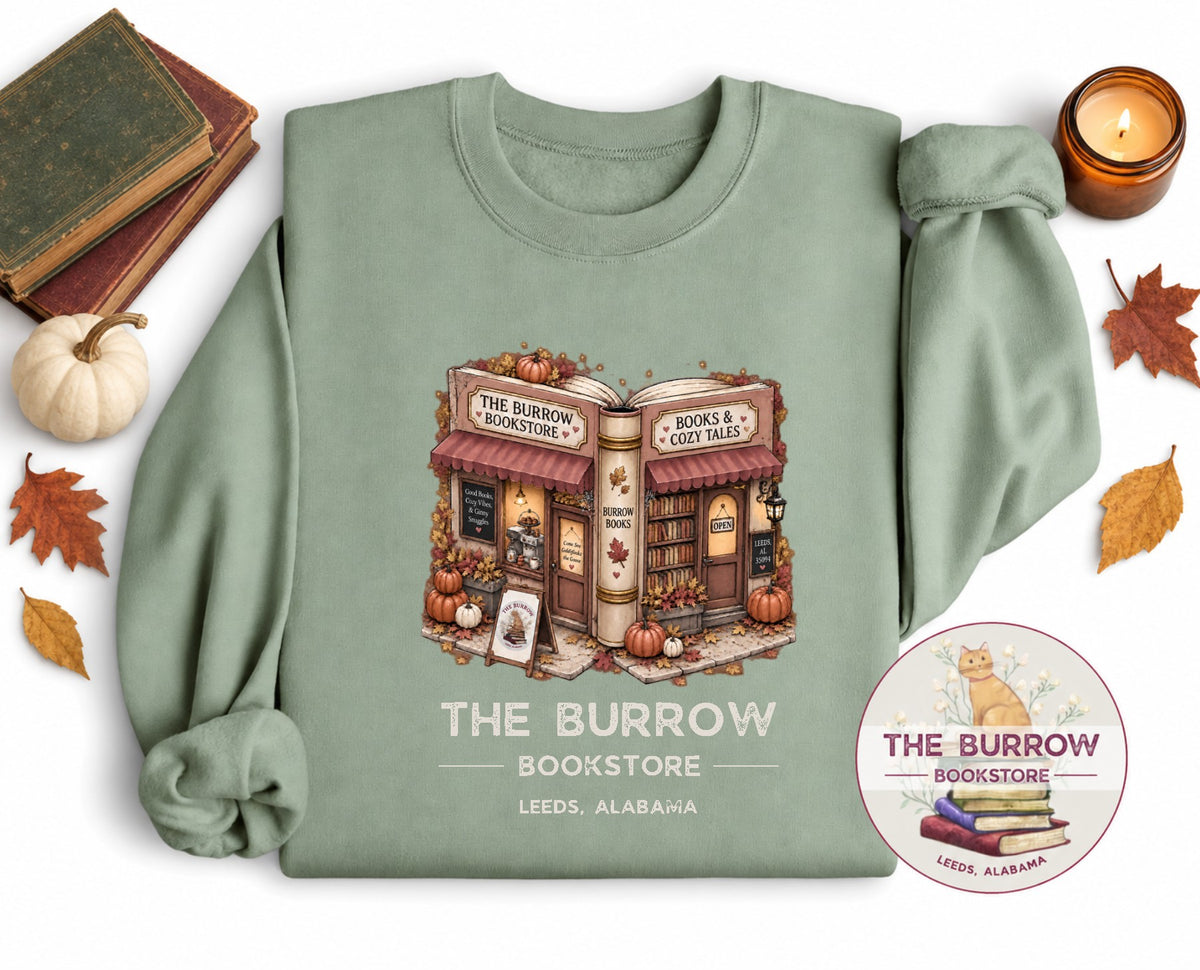 Stonewashed green The Burrow Bookstore fall sweatshirt with cozy autumn bookstore and pumpkin design