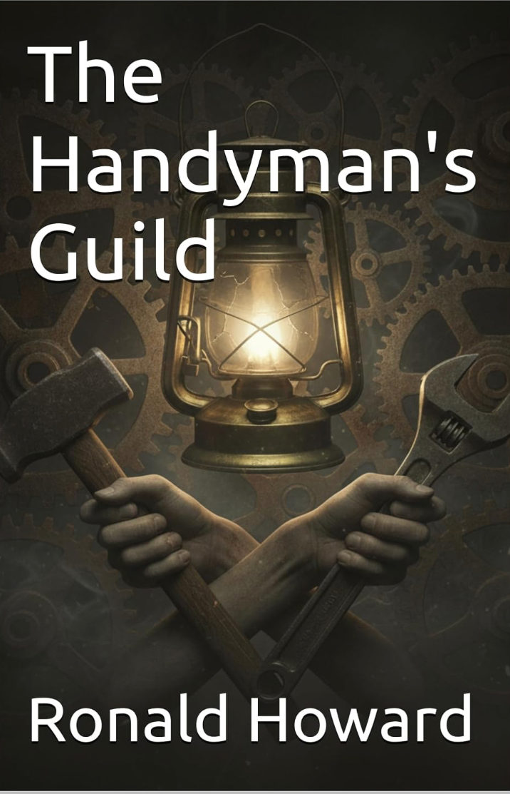 Cover of The Handyman’s Guide by Ronald Howard featuring a lantern, gears, hammer and adjustable wrench