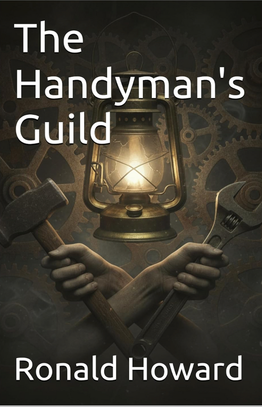 Cover of The Handyman’s Guide by Ronald Howard featuring a lantern, gears, hammer and adjustable wrench