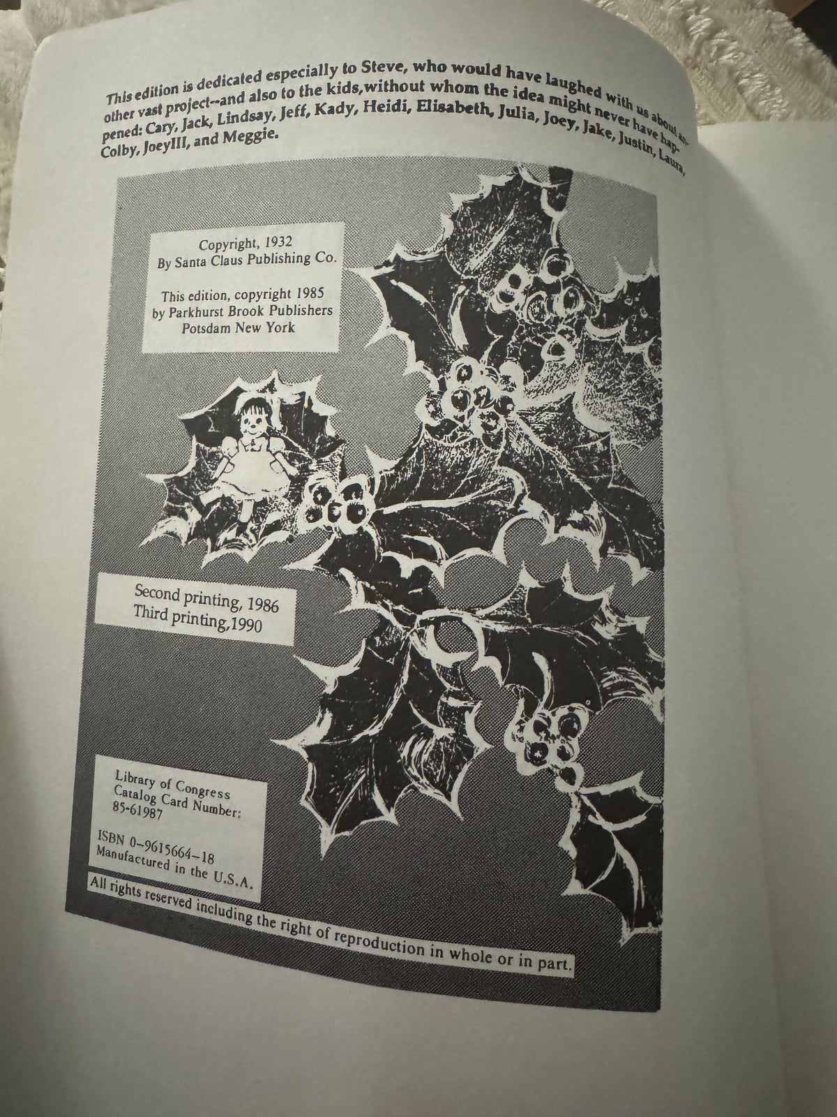 Copyright page of the 1990 third printing published by Parkhurst Brook Publishers.