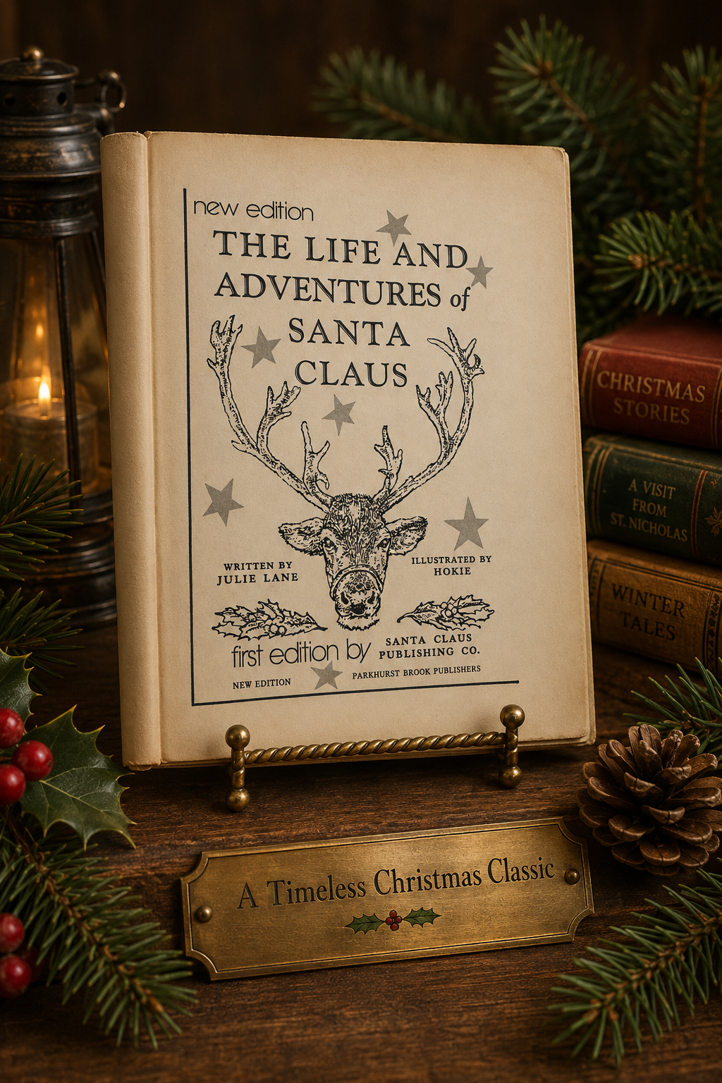Title page of The Life and Adventures of Santa Claus featuring an illustrated reindeer.