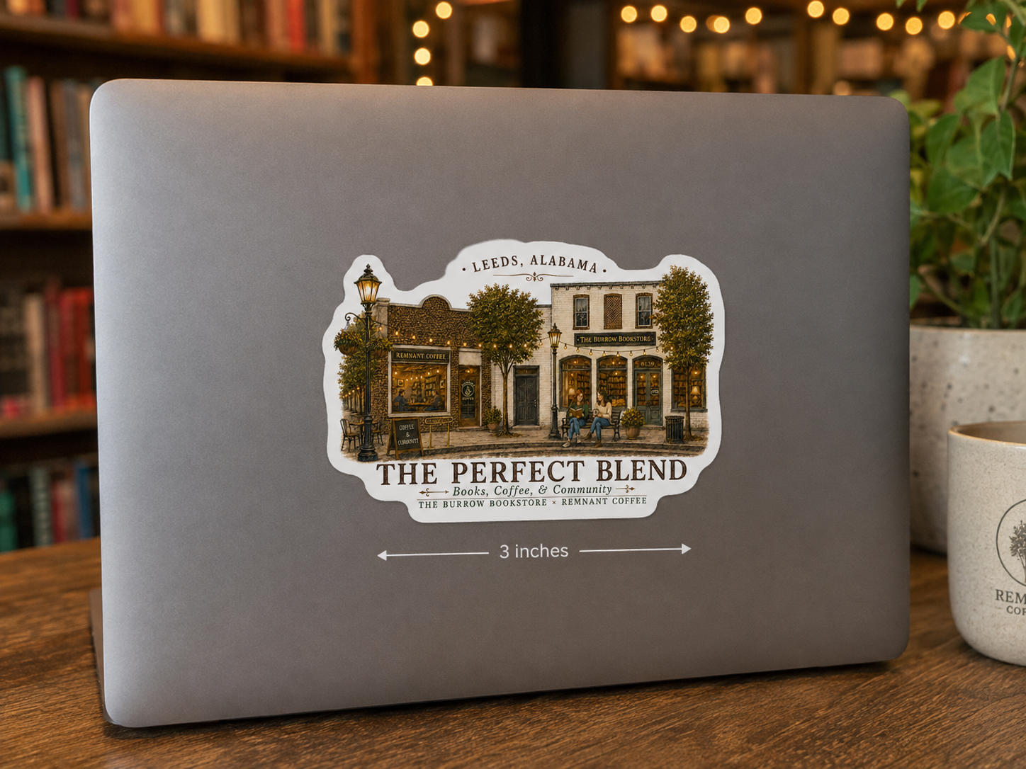 The Perfect Blend 3 inch Leeds Alabama vinyl sticker featuring The Burrow Bookstore and Remnant Coffee storefronts