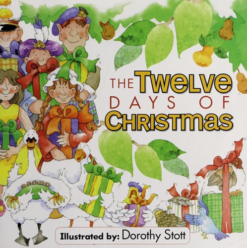 Front cover of The Twelve Days of Christmas by Kim Mitzo Thompson shown on a festive background, colorful children’s Christmas carol picture book