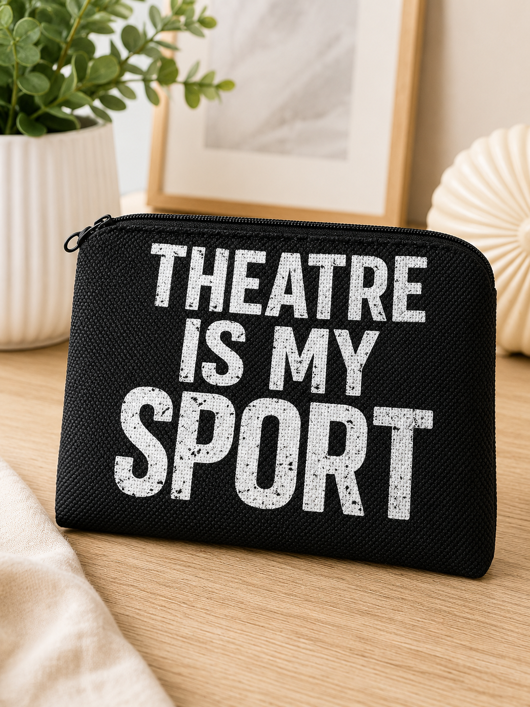 Black Theatre Is My Sport zipper coin purse with white text printed on both sides