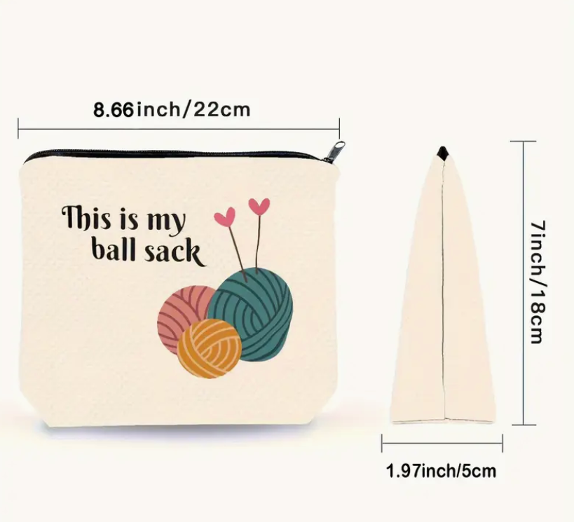 Canvas pouch with yarn ball design and measurements on a white background
