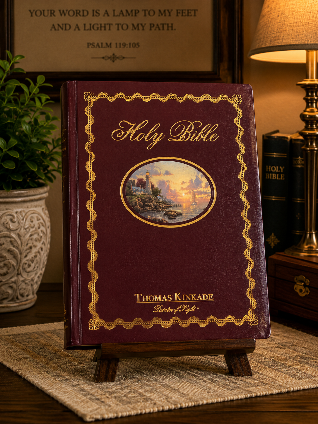 Thomas Kinkade Lighting the Way Home Holy Bible featuring the New King James Version with decorative burgundy cover, gold accents, and lighthouse artwork.