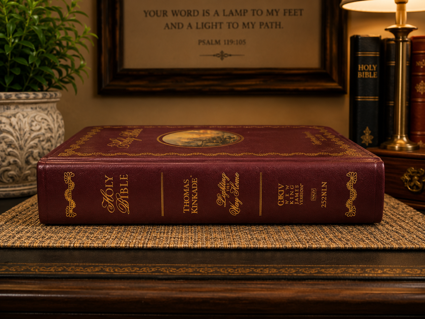 Spine view of Thomas Kinkade Lighting the Way Home Holy Bible showing NKJV designation, Painter of Light branding, and decorative gold-stamped details.