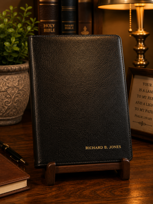 Black bonded leather Thompson Chain-Reference Bible in the New American Standard Bible translation, personalized with the name Richard B. Jones.