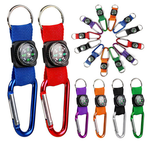 Colorful carabiner compass keychain clip with belt hook, perfect for kids’ outdoor play or as a fun party favor.