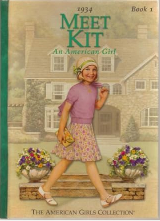 Cover of Meet Kit by Valerie Tripp, featuring Kit Kittredge, a cheerful girl from the 1930s, with a typewriter and a vibrant background.