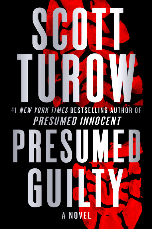 Book cover of 'Presumed Guilty' by Scott Turow with red abstract design on black background