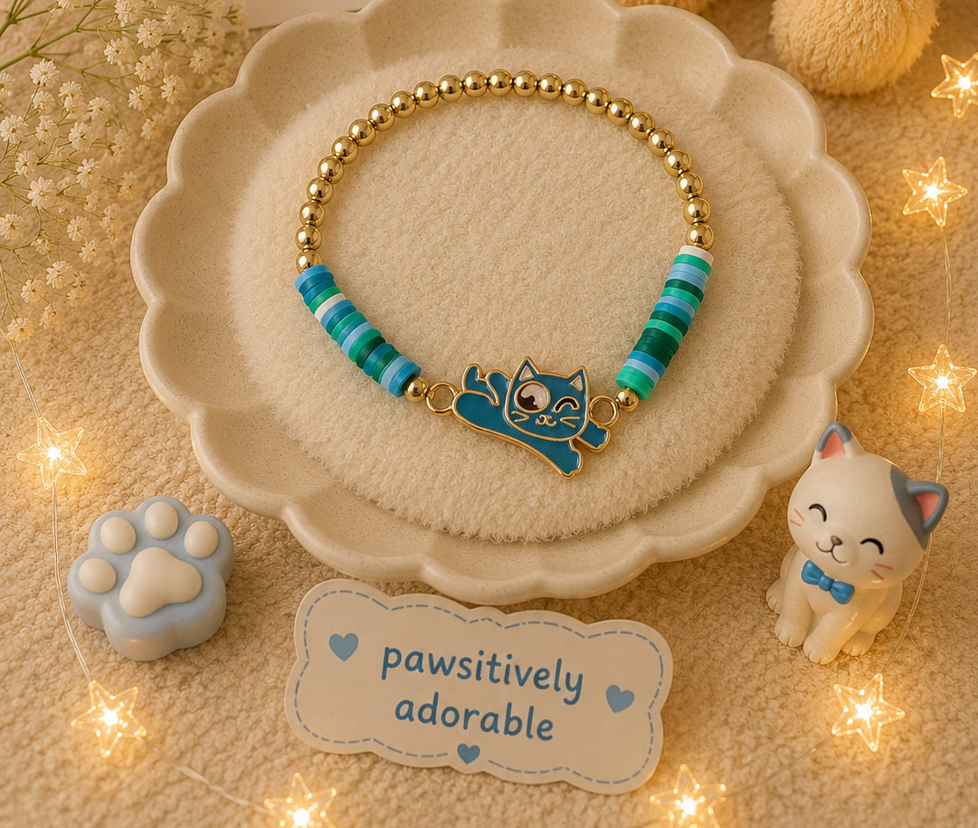 Turquoise  kitten charm bracelet with teal and blue bead accents and gold-tone elastic beads