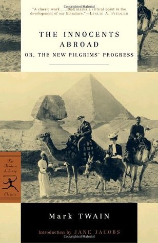 Book cover of 'The Innocents Abroad' by Mark Twain with a historical photograph of people on camels near the Sphinx.