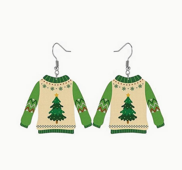 Earrings designed like a Christmas sweater with a tree pattern on a white background